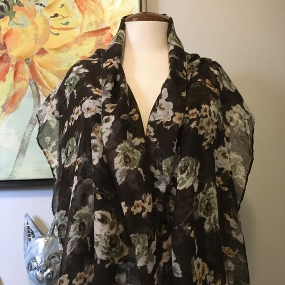 Large Voluminous Semi Sheer Tasseled Floral Scarf In Brown, Cream and Sage - Picture 5 of 14